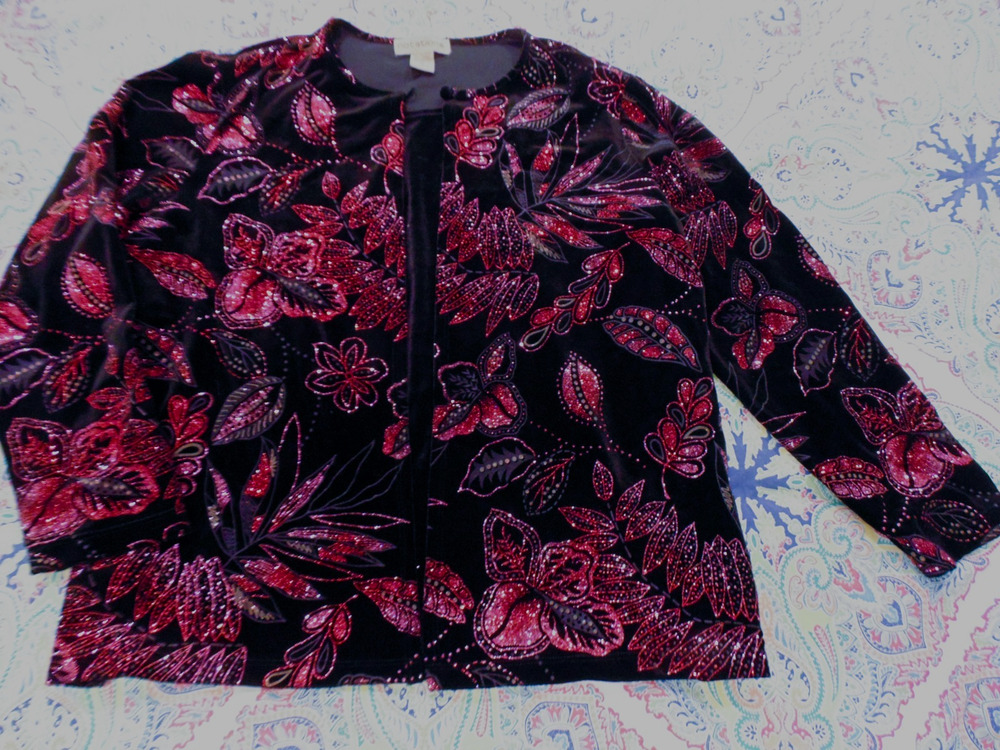 Notations Women XL Black Velvet Red Shimmer Holiday Event Jacket Top 2pc Look